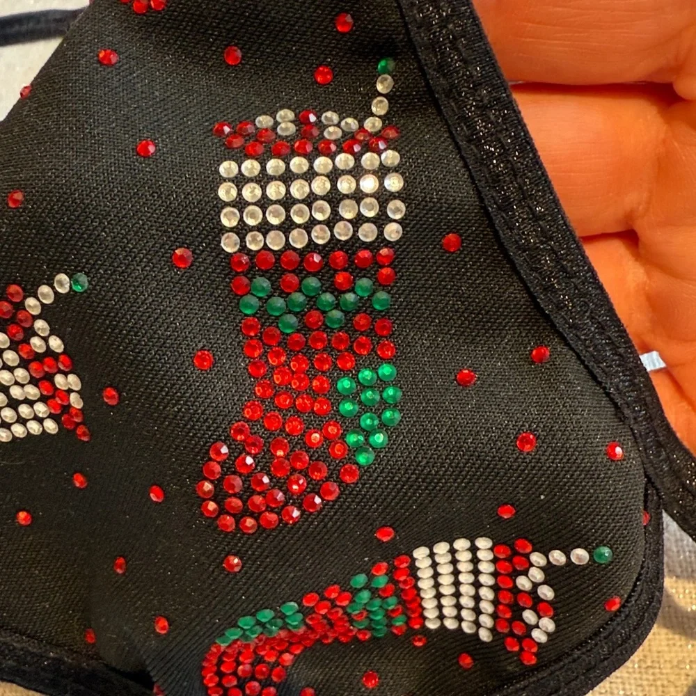 Two Natalie Mills Rhinestone Holiday Christmas Stockings Face Masks